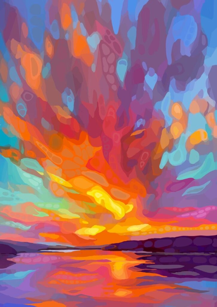Daniel McPheeters&nbsp;• <em>Crimson Sky</em>&nbsp;• Mixed media on panel&nbsp;• 17″×&nbsp;24″&nbsp;• $200.00