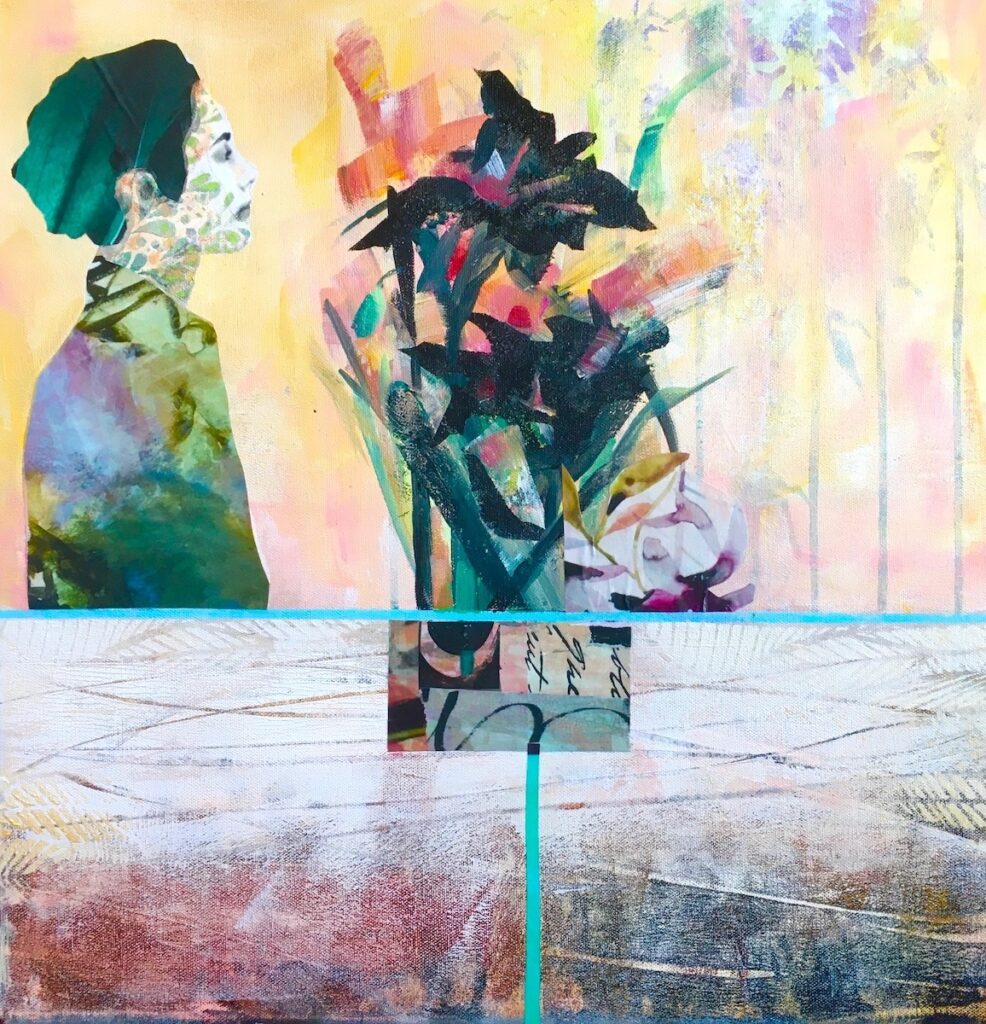 Carol Spence&nbsp;• <em>Garden Notes</em>&nbsp;• Acrylic and mixed media on canvas&nbsp;• 20″×&nbsp;20″&nbsp;• $375.00
