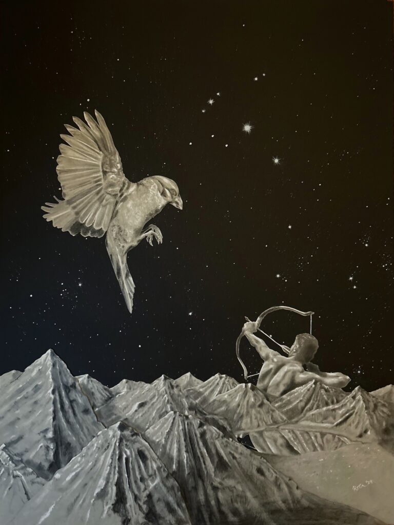 Katrina Clark&nbsp;• <em>Hunting the Moonbird</em>&nbsp;• Graphite, charcoal, & white charcoal&nbsp;• 18″×&nbsp;24″&nbsp;• $1,100.00
