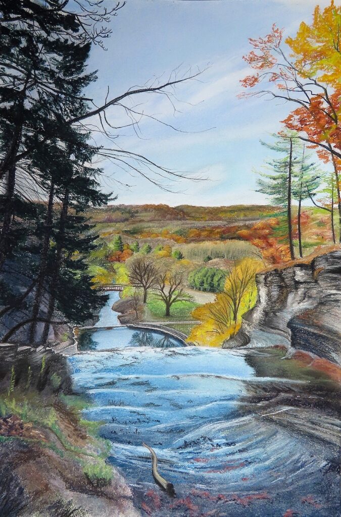 Alison Goodrich&nbsp;• <em>Buttermilk Falls View</em>&nbsp;• Chalk pastel&nbsp;• 12″×&nbsp;18″&nbsp;• $300.00