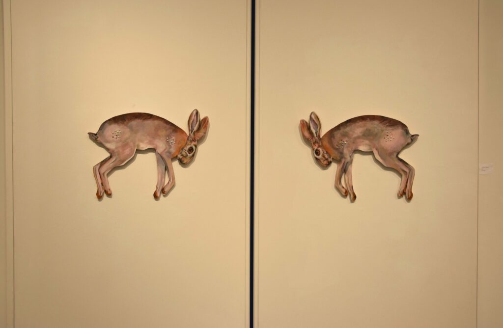 Audrey Higgins&nbsp;• <em>Girls</em>&nbsp;• Oil on plywood, plastic pearls, glitter.&nbsp;• 24″×&nbsp;24″&nbsp;• NFS