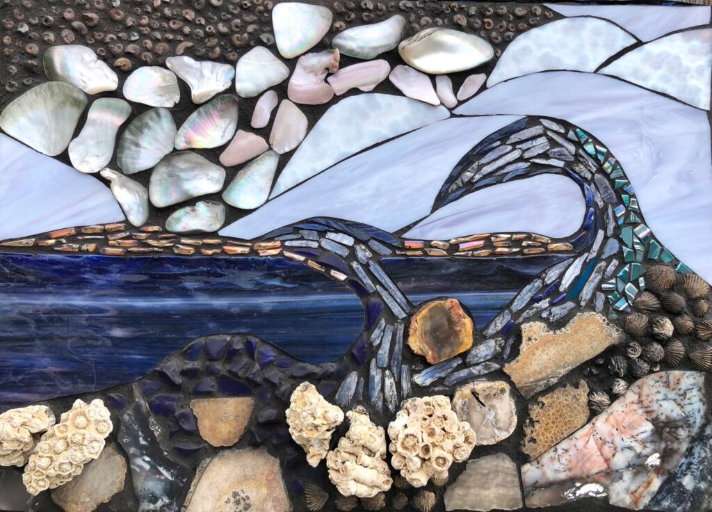 Marjorie Hoffman&nbsp;• <em>Storm</em>&nbsp;• Stained glass, stone, shells, fossilize coral&nbsp;• 25½″×&nbsp;18¾″&nbsp;• $1,000.00