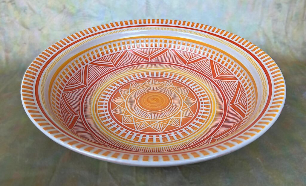 Perri LoPinto&nbsp;• <em>Orange Serving Bowl</em>&nbsp;• Stoneware ckay&nbsp;• 12″×&nbsp;3″×&nbsp;12″&nbsp;• $195.00