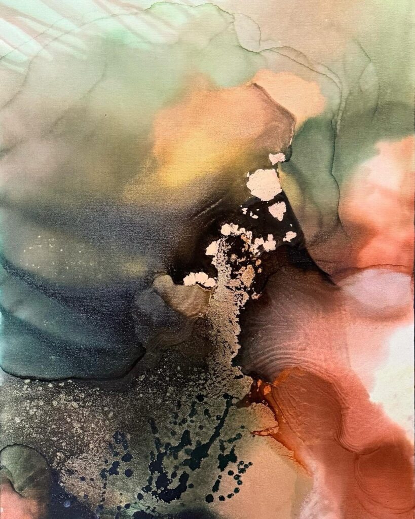 Barbara Mink&nbsp;• <em>Tendrils</em>&nbsp;• Alcohol inks&nbsp;• 24″×&nbsp;36″&nbsp;• $1,100.00