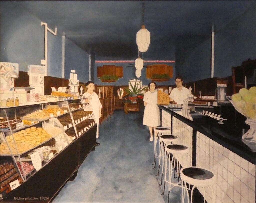 Richard Rosenbaum&nbsp;• <em>Interior of A. Andrew's Confectionary Shop, Ithaca</em>&nbsp;• Oil on canvas&nbsp;• 20″×&nbsp;16″&nbsp;• $1,500.00