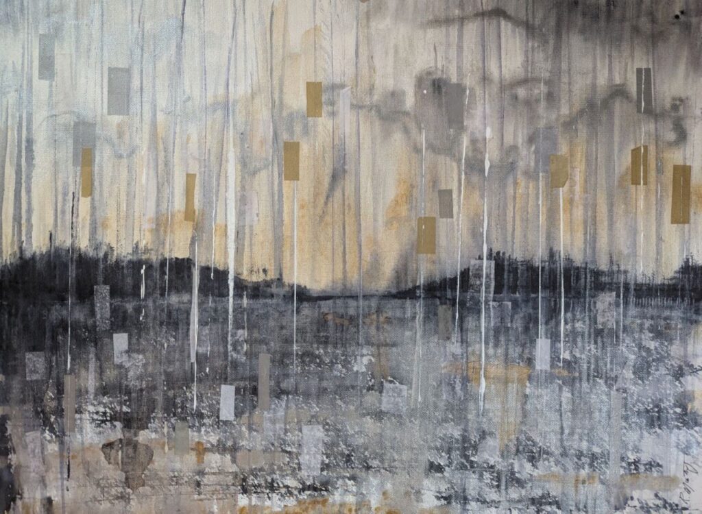 Rebecca Moshaty&nbsp;• <em>Chasing the Sun</em>&nbsp;• Acrylic and tissue paper&nbsp;• 24″×&nbsp;18″&nbsp;• $400.00