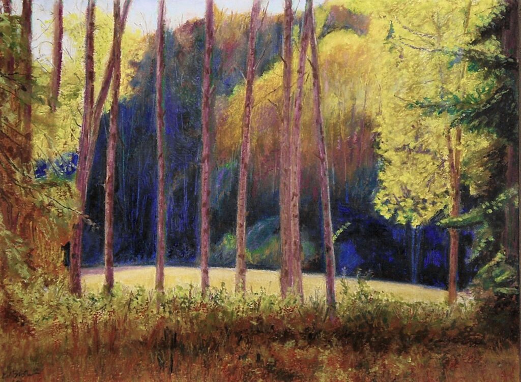 Ed Brothers&nbsp;• <em>Wolfe’s Run</em>&nbsp;• Oil pastel&nbsp;• 16″×&nbsp;13″&nbsp;• $800.00