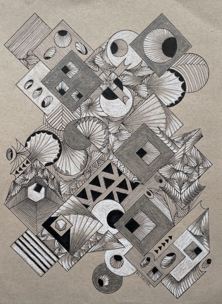 Patty L Porter&nbsp;• <em>Drawn Meditation #5</em>&nbsp;• Micron archival ink on strathmore paper&nbsp;• 12″×&nbsp;16″&nbsp;• $175.00