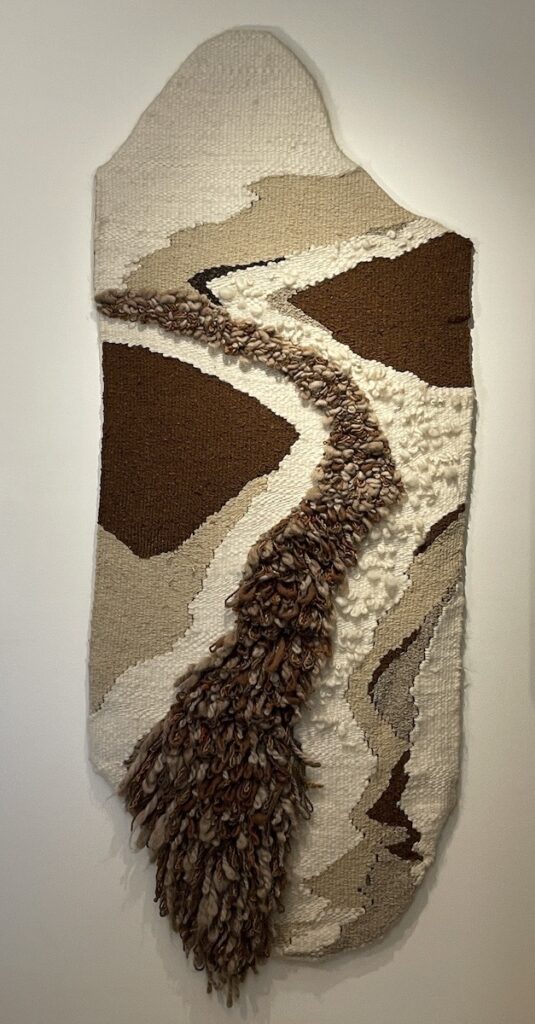 Patty L Porter&nbsp;• <em>In the Flow</em>&nbsp;• Mostly hand died & spun woven tapestry&nbsp;• 30″×&nbsp;76″&nbsp;• NFS