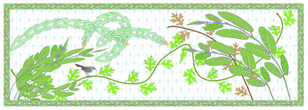 Margaret Nelson&nbsp;• <em>Tapestry with Carolina Wren</em>&nbsp;• Digital drawing (adobe illustrator)&nbsp;• 34″×&nbsp;16″&nbsp;• $350.00