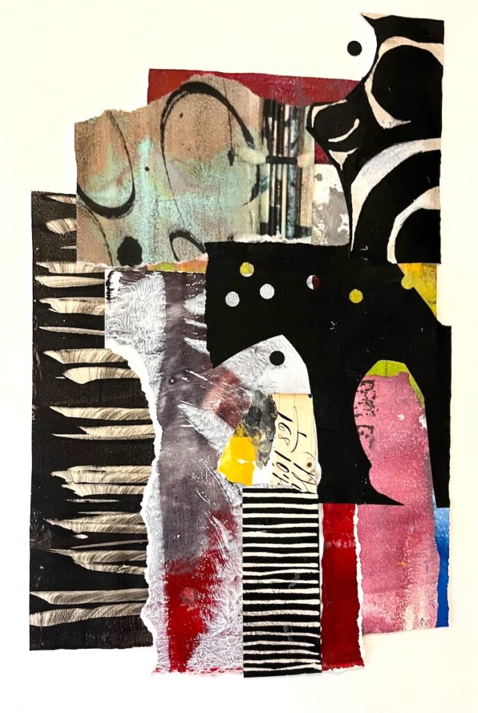 Carol Spence&nbsp;• <em>Chickadee</em>&nbsp;• Collage&nbsp;• 16″×&nbsp;20″&nbsp;• $275.00