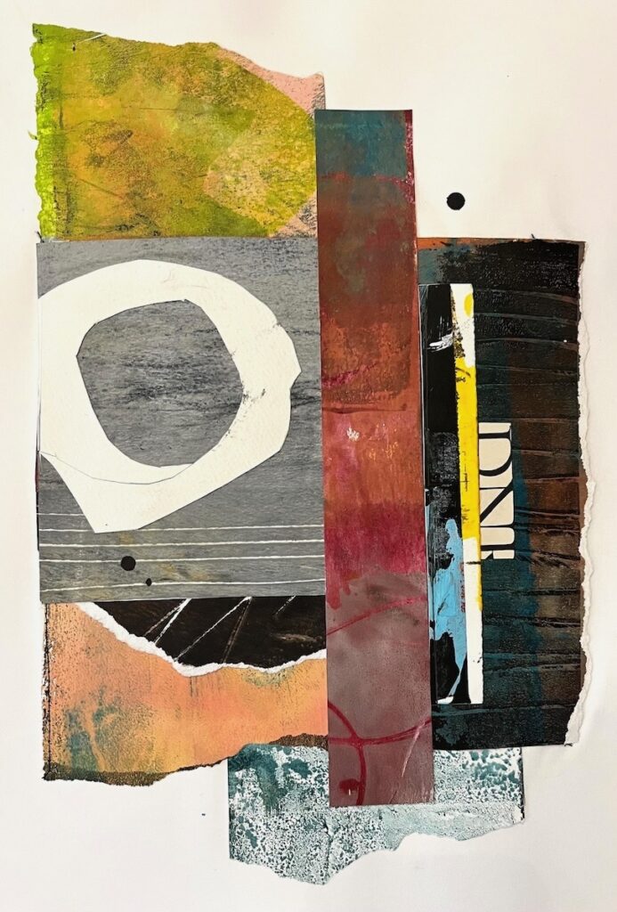 Carol Spence&nbsp;• <em>Nuthatch</em>&nbsp;• Collage&nbsp;• 16″×&nbsp;20″&nbsp;• $275.00