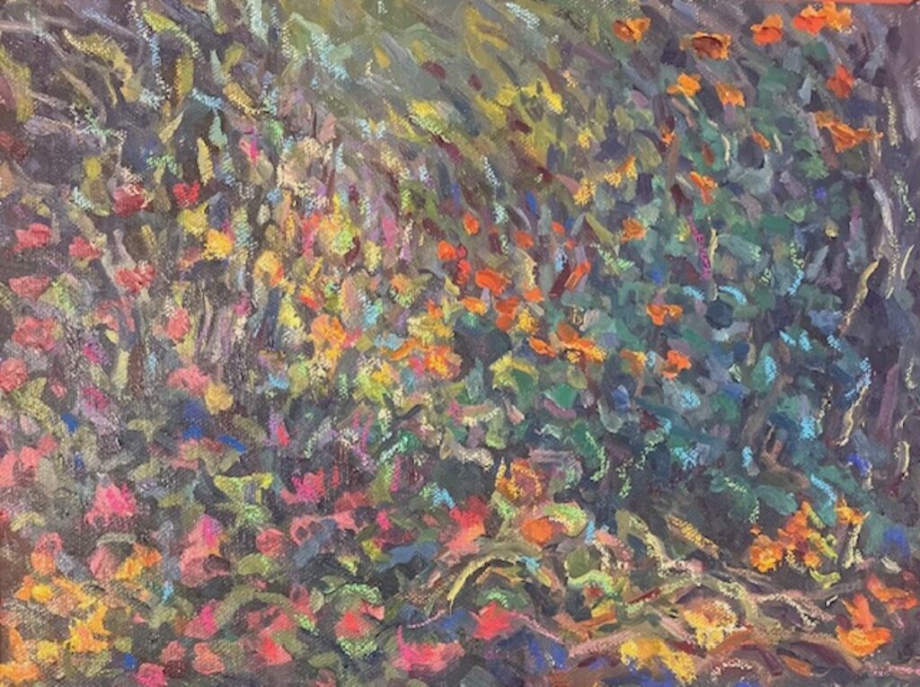 Hsiao-Pei Yang&nbsp;• <em>Garden Melody</em>&nbsp;• Oil paint and oil pastel on canvas&nbsp;• 14″×&nbsp;11″&nbsp;• $300.00