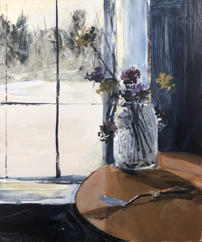 Austin MacRae&nbsp;• <em>Dead Marigolds in Winter Light</em>&nbsp;• Acrylic on board&nbsp;• 10″×&nbsp;12″&nbsp;• $350.00
