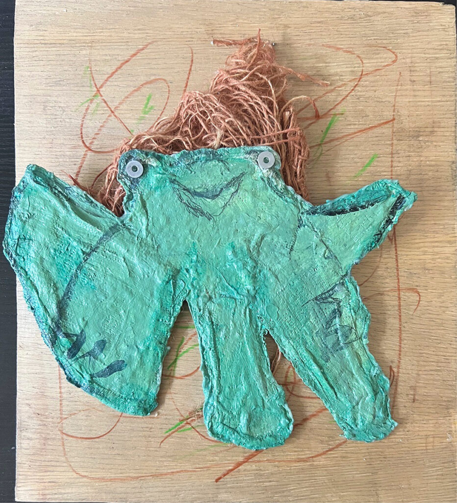 Mary Ann Bowman&nbsp;• <em>Happy Frog Creature</em>&nbsp;• Plaster cloth, canvas, wood&nbsp;• 10″×&nbsp;12″&nbsp;• $350.00