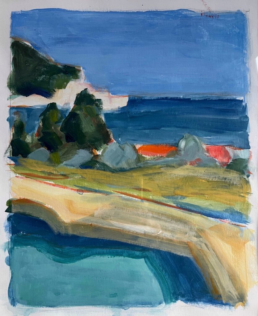 Linda Fazzary&nbsp;• <em>Skopelos</em>&nbsp;• Acrylic on paper&nbsp;• 17″×&nbsp;21″&nbsp;• NFS