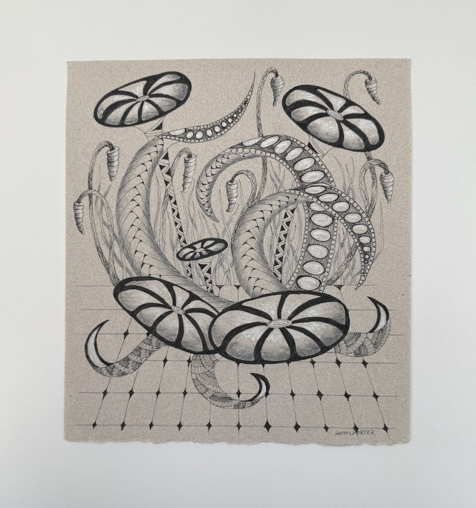 Patty L Porter&nbsp;• <em>Fantasy Garden</em>&nbsp;• Pigma pens, graphite, charcoal pencil&nbsp;• 15″×&nbsp;16″&nbsp;• $200.00