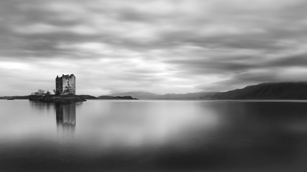 A.M. Dunford&nbsp;• <em>Castle Stalker</em>&nbsp;• Fine art print Canson paper, framed&nbsp;• 28″×&nbsp;16″&nbsp;• $185.00