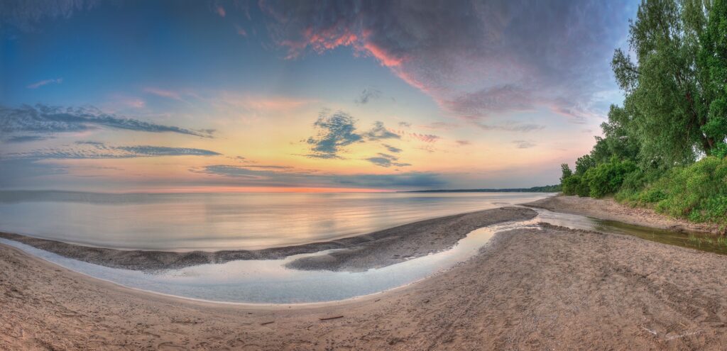 Sheridan Vincent&nbsp;• <em>Durand Beach</em>&nbsp;• Direct print on metal&nbsp;• 14″×&nbsp;30″&nbsp;• $250.00