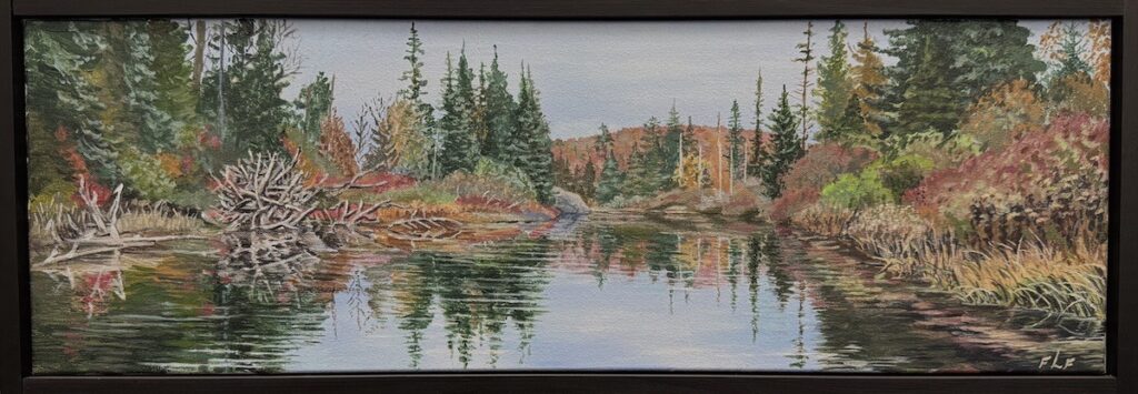 Frances L. Fawcett&nbsp;• <em>Along the Oswegatchie</em>&nbsp;• Acrylic on canvas&nbsp;• 25″×&nbsp;9″&nbsp;• NFS