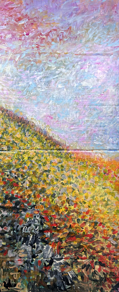 Darcy Binns&nbsp;• <em>Hillside</em>&nbsp;• Acrylic on corrugated cardboard&nbsp;• 17¼″×&nbsp;41½″&nbsp;• $650.00