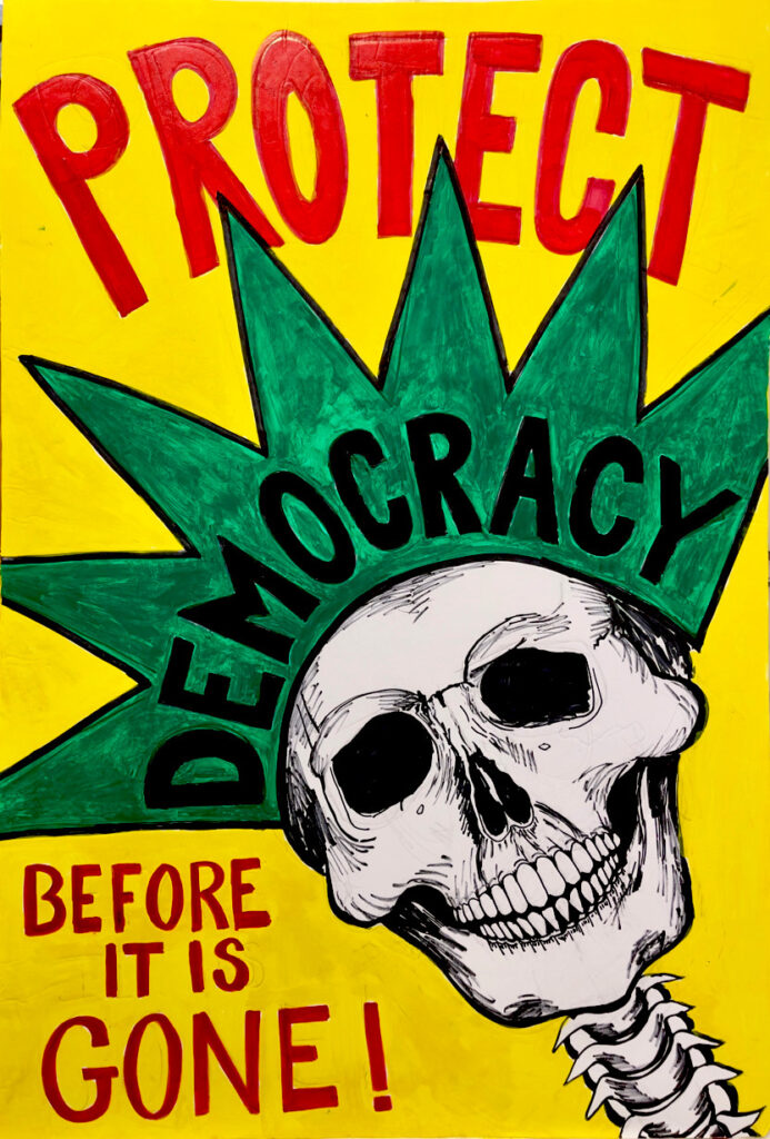 DemocracyDefenderPMB&nbsp;• <em>Protect Democracy</em>&nbsp;• Acrylic on foam core, contact paper&nbsp;• 20″×&nbsp;30″&nbsp;• NFS