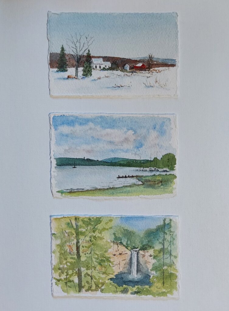 Annemiek Haralson&nbsp;• <em>Postcards</em>&nbsp;• Ink and watercolor&nbsp;• 12″×&nbsp;16″&nbsp;• $195.00