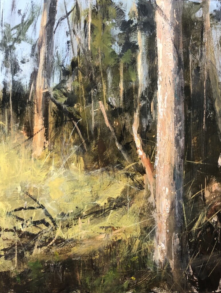 Austin MacRae&nbsp;• <em>Margaret's Woods</em>&nbsp;• Acrylic on masonite&nbsp;• 9″×&nbsp;12″&nbsp;• $350.00