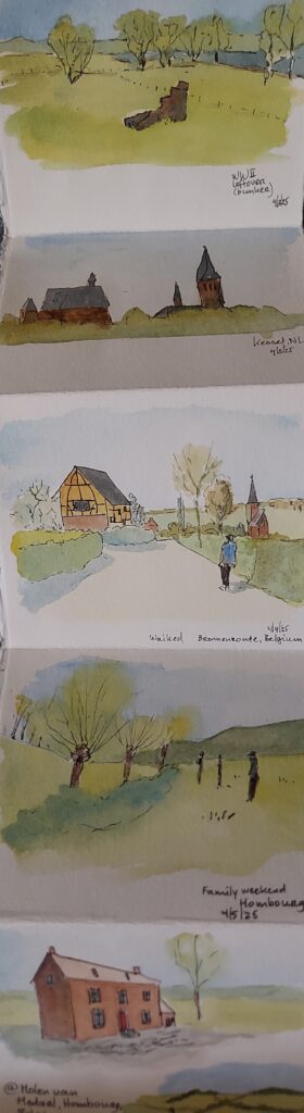 Annemiek Haralson&nbsp;• <em>Visiting the Netherlands</em>&nbsp;• Nfs&nbsp;• 4″×&nbsp;28″&nbsp;• Watercolor and pen