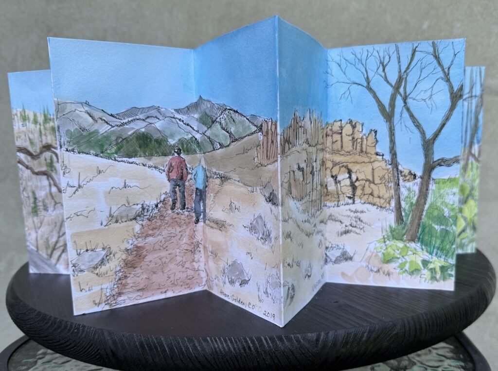 Patty L Porter&nbsp;• <em>Walk With Me - Accordion Book</em>&nbsp;• Archival pens and watercolor&nbsp;• 18″×&nbsp;10″×&nbsp;18″&nbsp;• NFS