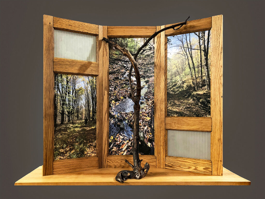 Eva M. Capobianco&nbsp;• <em>Map 9 - October Stream and Trees</em>&nbsp;• Photos with reused wood and glass&nbsp;• 29″×&nbsp;37″×&nbsp;11½″&nbsp;• $1,375.00