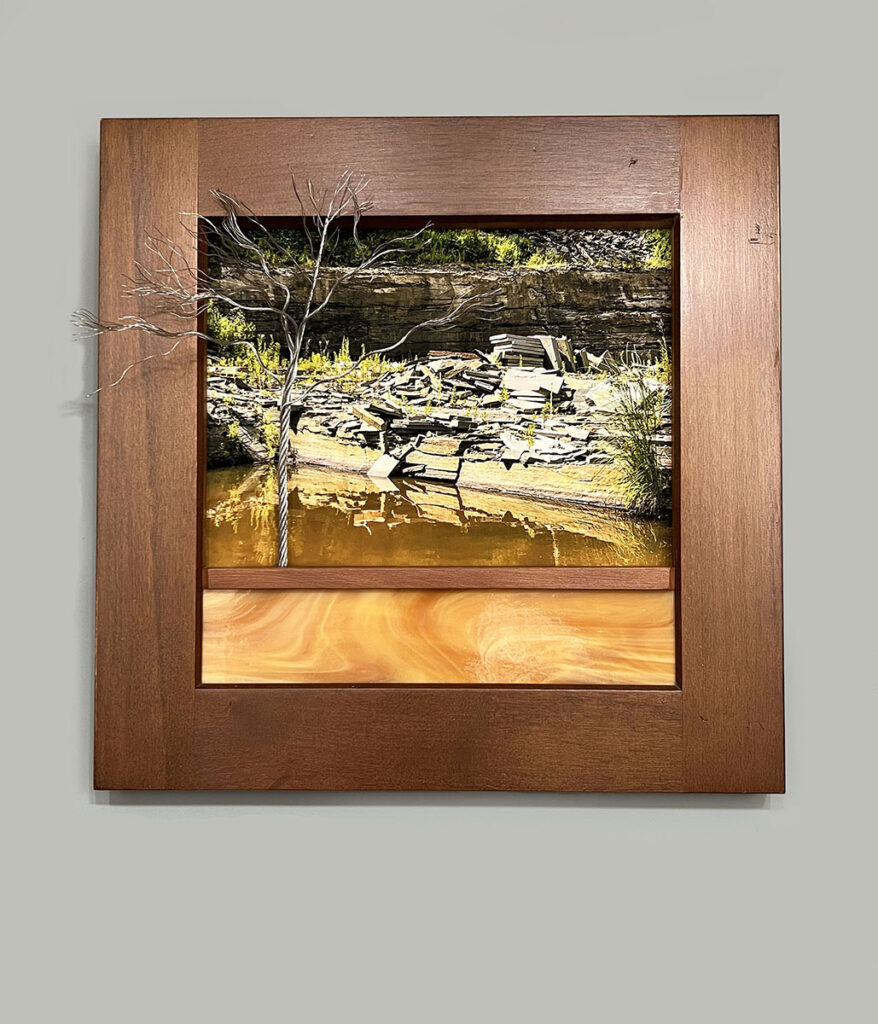 Eva M. Capobianco&nbsp;• <em>Map 28 - Quarry with Faux Tree</em>&nbsp;• Photo, reused wood, stained glass & cable&nbsp;• 14½″×&nbsp;15″×&nbsp;5″&nbsp;• $375.00
