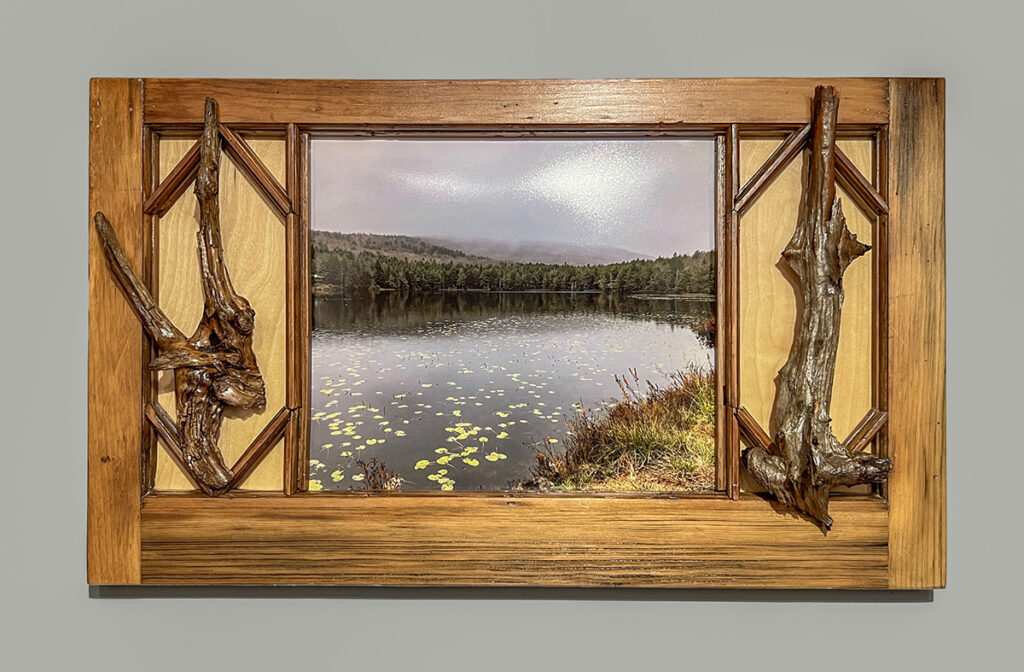 Eva M. Capobianco&nbsp;• <em>Map 33 - Pond at Top of hill</em>&nbsp;• Photo, found and reused wood&nbsp;• 16½″×&nbsp;28″×&nbsp;4″&nbsp;• $625.00