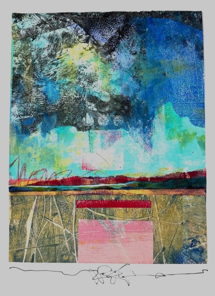 Carol Spence&nbsp;• <em>Beneath the Weather</em>&nbsp;• Acrylic, monoprint, collage&nbsp;• 12″×&nbsp;15″&nbsp;• $225.00