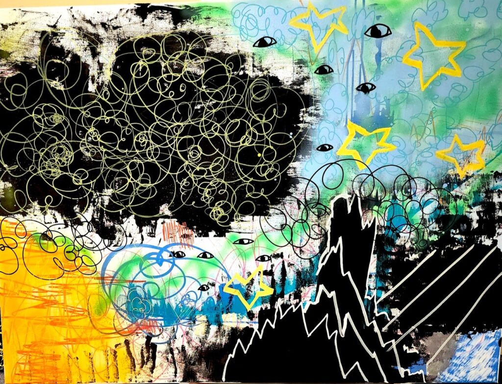 Isaiah Babatunde&nbsp;• <em>Crunch Land</em>&nbsp;• Acrylic, acrylic markers and spray paint on canvas.&nbsp;• 48″×&nbsp;36″&nbsp;• $300.00