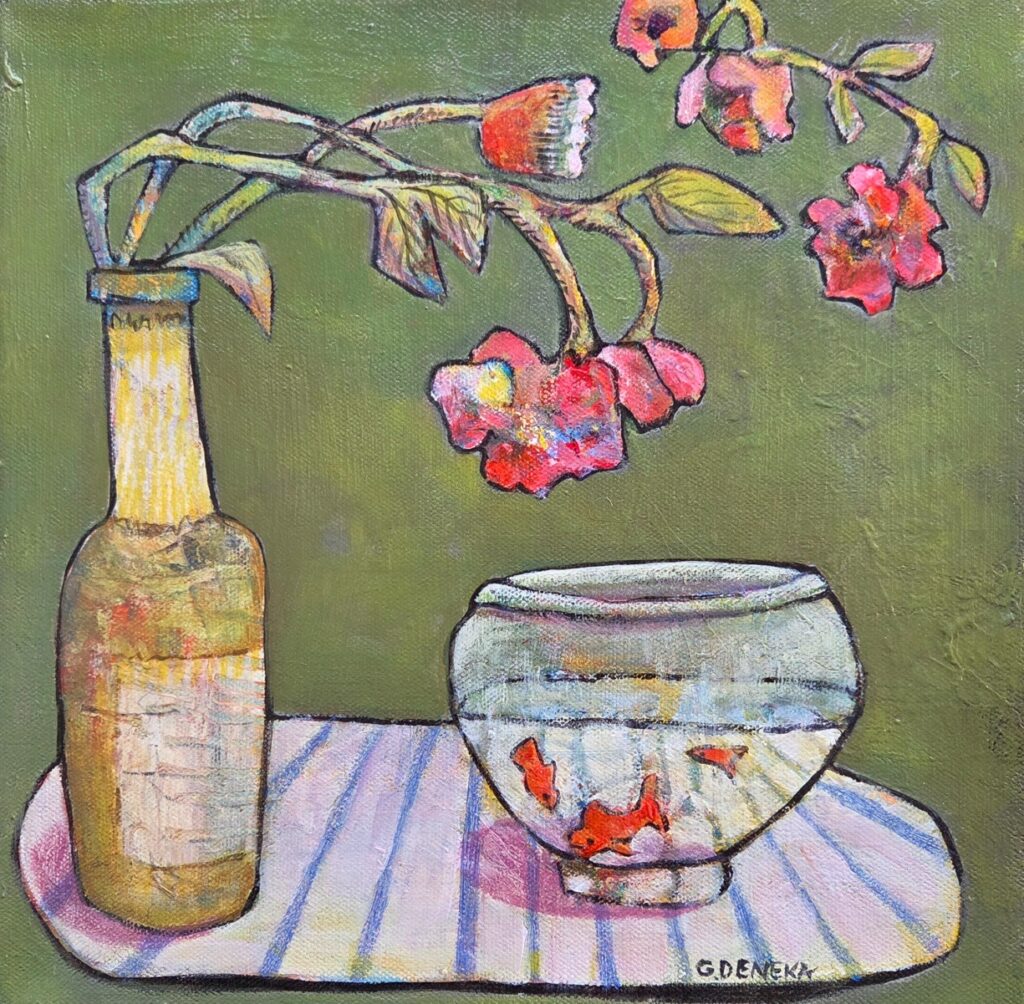 Ginny Deneka&nbsp;• <em>Gold Fish</em>&nbsp;• Acrylic on canvas&nbsp;• 12″×&nbsp;12″&nbsp;• $200.00