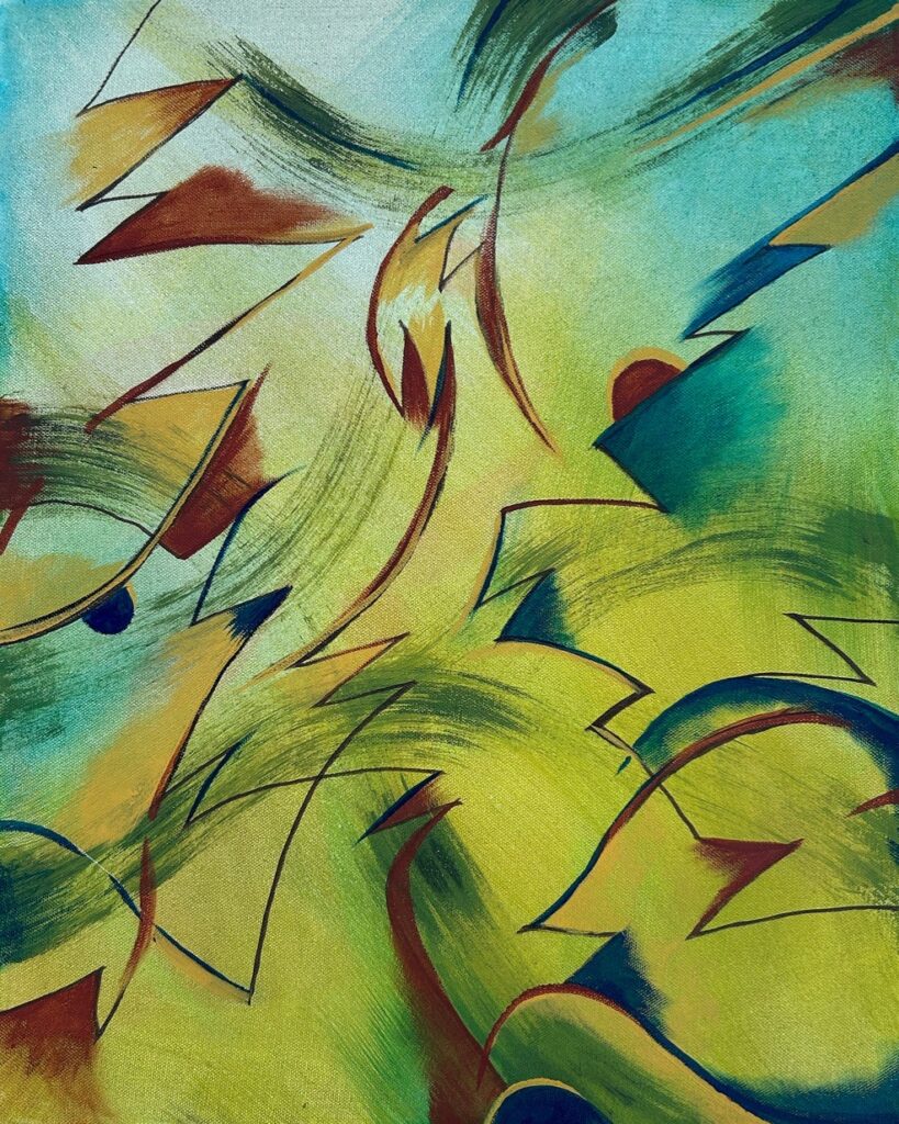 Don Ellis&nbsp;• <em>Ellis—Tanboolia</em>&nbsp;• Custom walnut floating frame, acrylic on canvas.&nbsp;• 16″×&nbsp;20″&nbsp;• $285.00