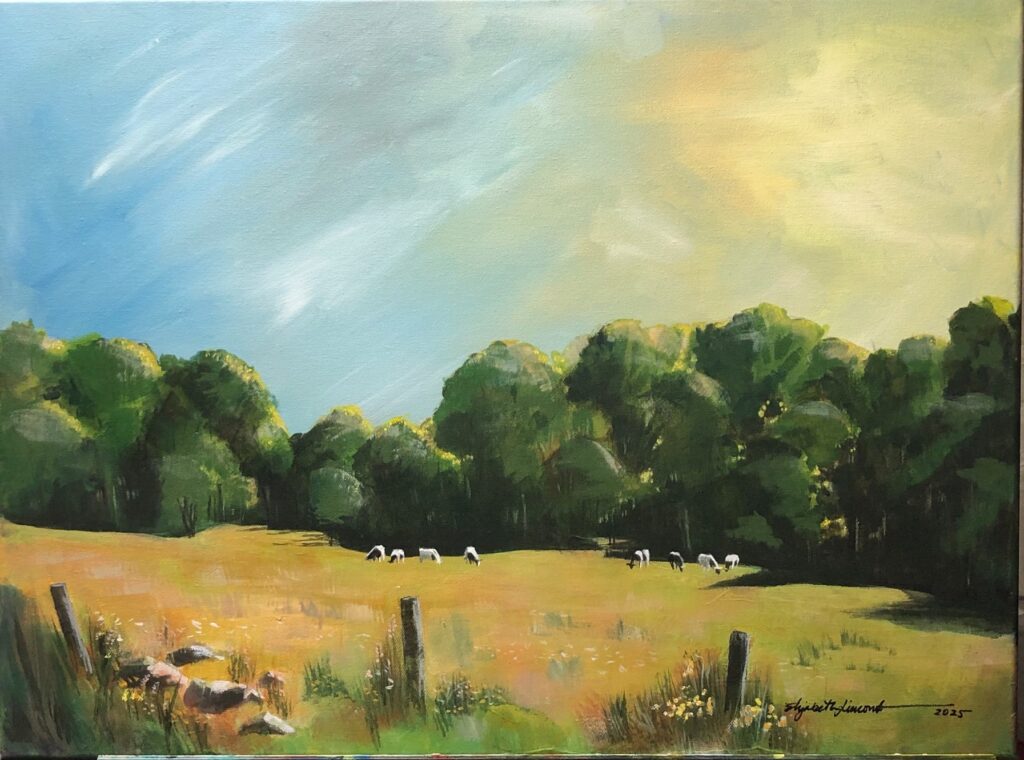 Elizabeth Lincourt&nbsp;• <em>Cows in Finger Lake Pasture</em>&nbsp;• Acrylic on canvas&nbsp;• 24″×&nbsp;16″&nbsp;• $820.00