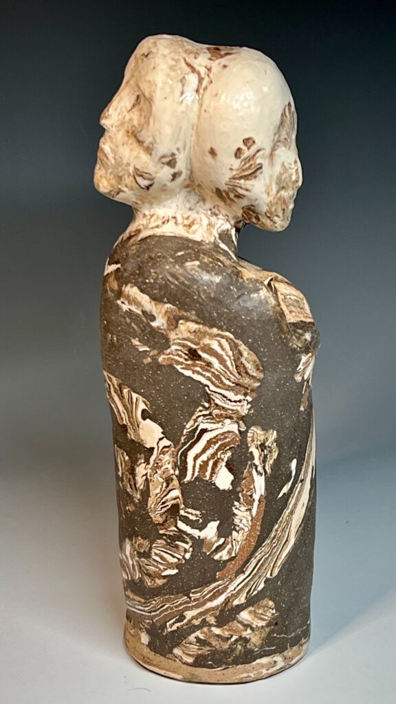 Marilyn Rivchin&nbsp;• <em>Each/Other</em>&nbsp;• Porcelain, chocolate, speckled brown and red clays with embedded marbled trimmings.&nbsp;• 4″×&nbsp;10½″×&nbsp;3¼″&nbsp;• $250.00