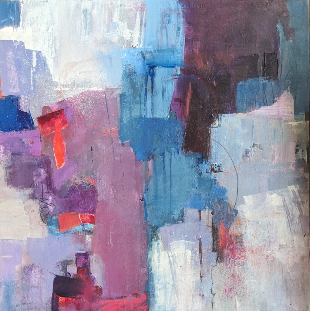 Barbara Behrmann&nbsp;• <em>Waterfall City</em>&nbsp;• Acrylic on stretched canvas&nbsp;• 24″×&nbsp;24″&nbsp;• $550.00