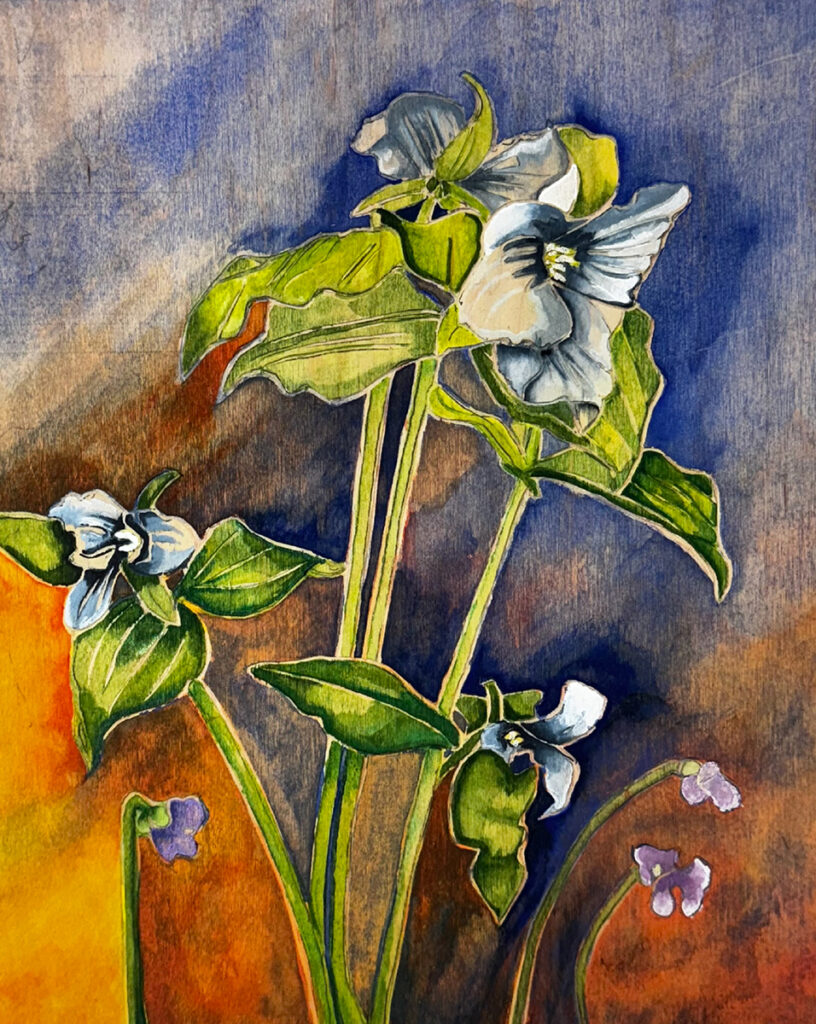 Patricia Hunsinger&nbsp;• <em>When Icicles No Longer Cling I</em>&nbsp;• Watercolor on maple wood&nbsp;• 11″×&nbsp;14″&nbsp;• $350.00