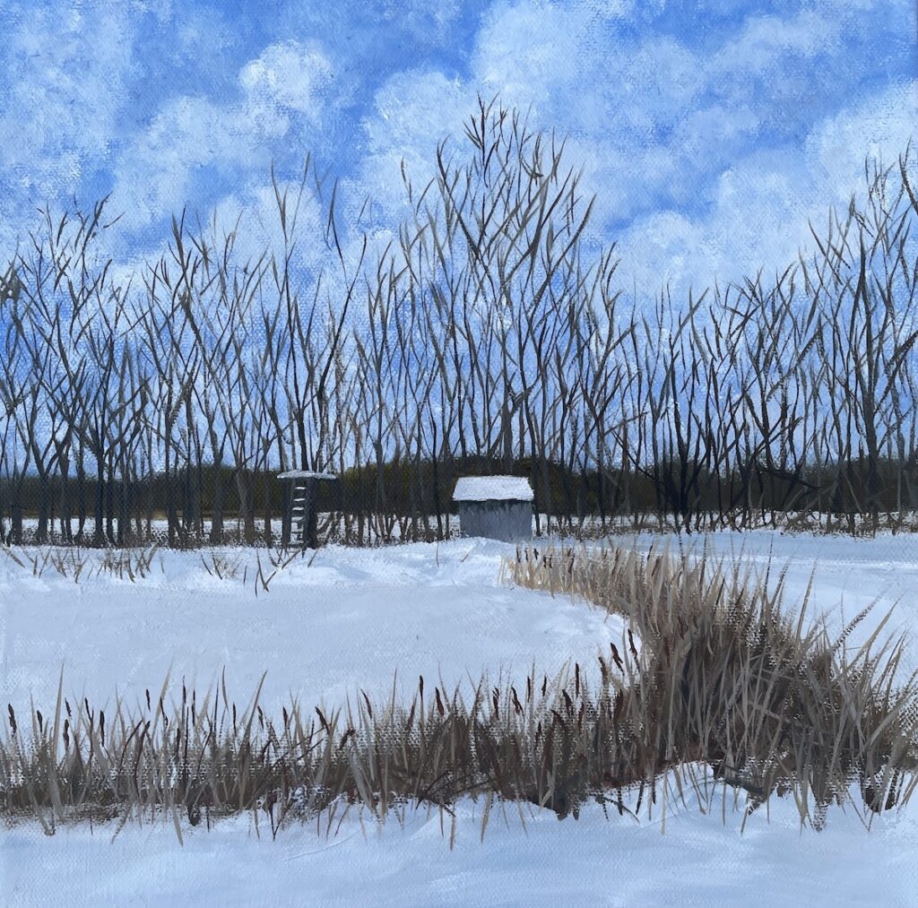 Patty L. Portrer&nbsp;• <em>Marvins Pond IV ~ Winter</em>&nbsp;• Oil on canvas&nbsp;• 12″×&nbsp;12″&nbsp;• $300.00