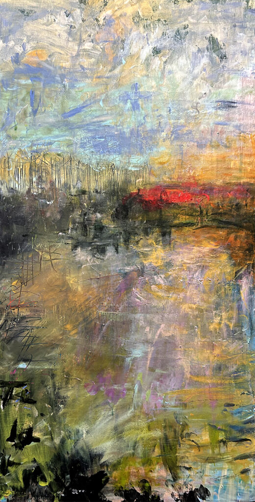 Darcy Binns&nbsp;• <em>Spring Will Come</em>&nbsp;• Acrylic on corrugated cardboard, framed&nbsp;• 11½″×&nbsp;22¾″&nbsp;• $200.00<a class="purchase" href="https://state-of-the-art-gallery.square.site/product/darcy-binns-spring-will-come/CMPGJ3DIWNSWIH2SFOTULF3F" target="_blank">Buy</a>