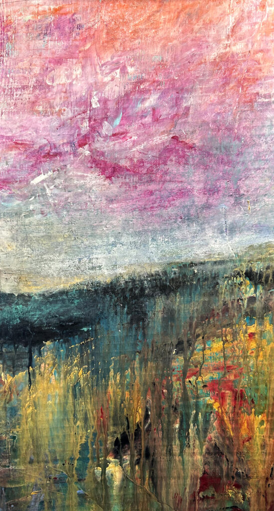 Darcy Binns&nbsp;• <em>Summer Part 1</em>&nbsp;• Acrylic on corrugated cardboard, framed&nbsp;• 13″×&nbsp;23½″&nbsp;• $150.00<a class="purchase" href="https://state-of-the-art-gallery.square.site/product/darcy-binns-summer-part-1/XPTOYY6NULAMLWEBZNYBR6B5" target="_blank">Buy</a>