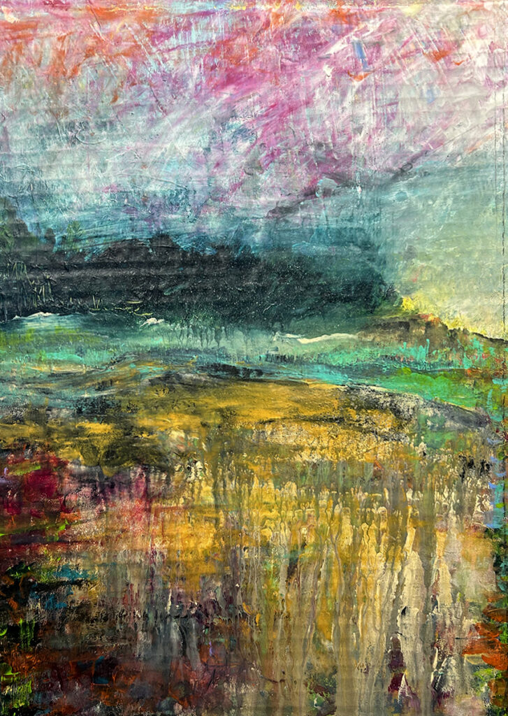 Darcy Binns&nbsp;• <em>Summer Part 2</em>&nbsp;• Acrylic on corrugated cardboard, framed&nbsp;• 13″×&nbsp;18″&nbsp;• $125.00<a class="purchase" href="https://square.link/u/jKkXO9Ee" target="_blank">Buy</a>