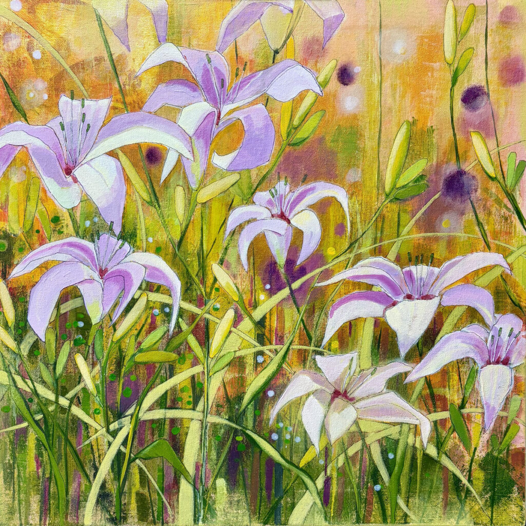 Cindy Kaufman&nbsp;• <em>Tiger Lilies</em>&nbsp;• Acrylic on gallery-wrapped canvas, edges finished&nbsp;• 20″×&nbsp;20″&nbsp;• $800.00<a class="purchase" href="https://state-of-the-art-gallery.square.site/product/cindy-kaufman-tiger-lilies/LDNGUN2HYHHVKQVHRIJOLGSN" target="_blank">Buy</a>
