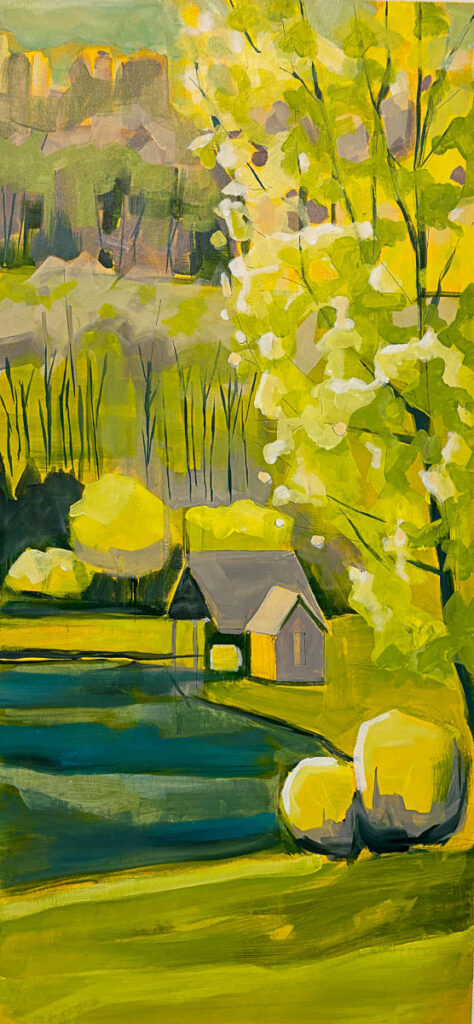 Cindy Kaufman&nbsp;• <em>View to Pond in Springtime I</em>&nbsp;• Acrylic on canvas in white floating frame&nbsp;• 16″×&nbsp;36″&nbsp;• $1,200.00