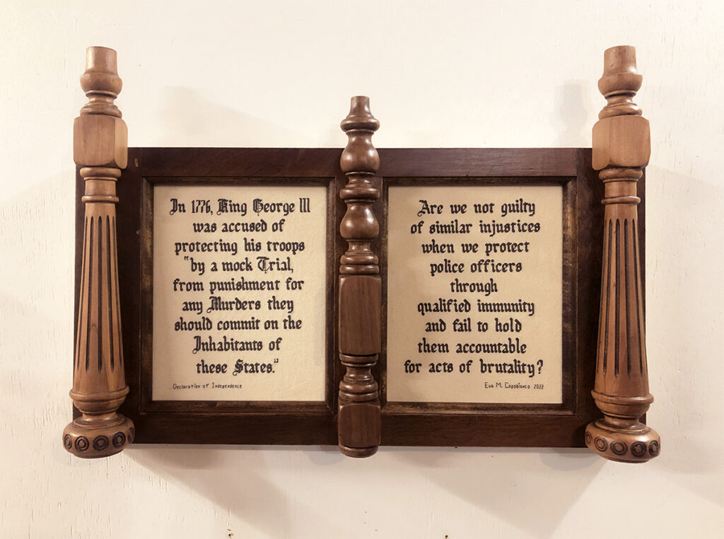 Eva Capobianco&nbsp;• <em>Mock Trials</em>&nbsp;• Found/reused wood and crossstich&nbsp;• 24″×&nbsp;16″×&nbsp;3″&nbsp;• $475.00<a class="purchase" href="https://state-of-the-art-gallery.square.site/product/eva-capobianco-mock-trials/MEEOAU4GER57V4IHWBDGWUVM" target="_blank">Buy</a>
