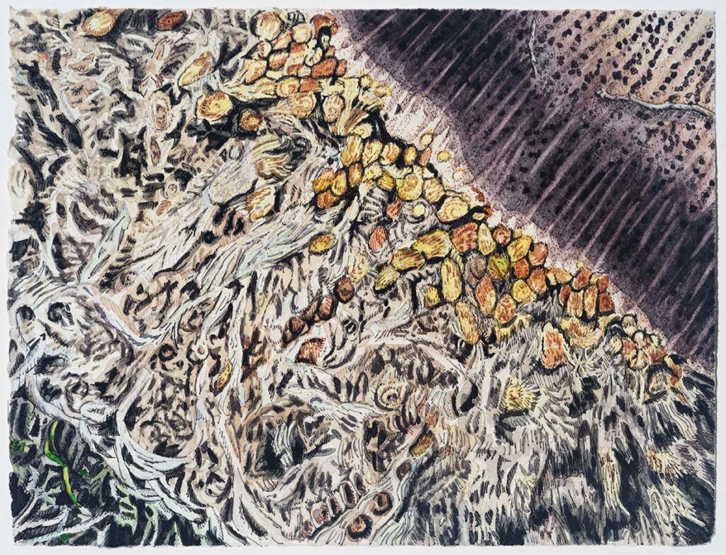 Dara Engler&nbsp;• <em>Stump</em>&nbsp;• Watercolor, embroidery, and colored pen on paper&nbsp;• 12″×&nbsp;9¼″&nbsp;• $1,000.00<a class="purchase" href="https://state-of-the-art-gallery.square.site/product/dara-engler-stump/64UK5TB63FELQMXBWPXUQY3F" target="_blank">Buy</a>