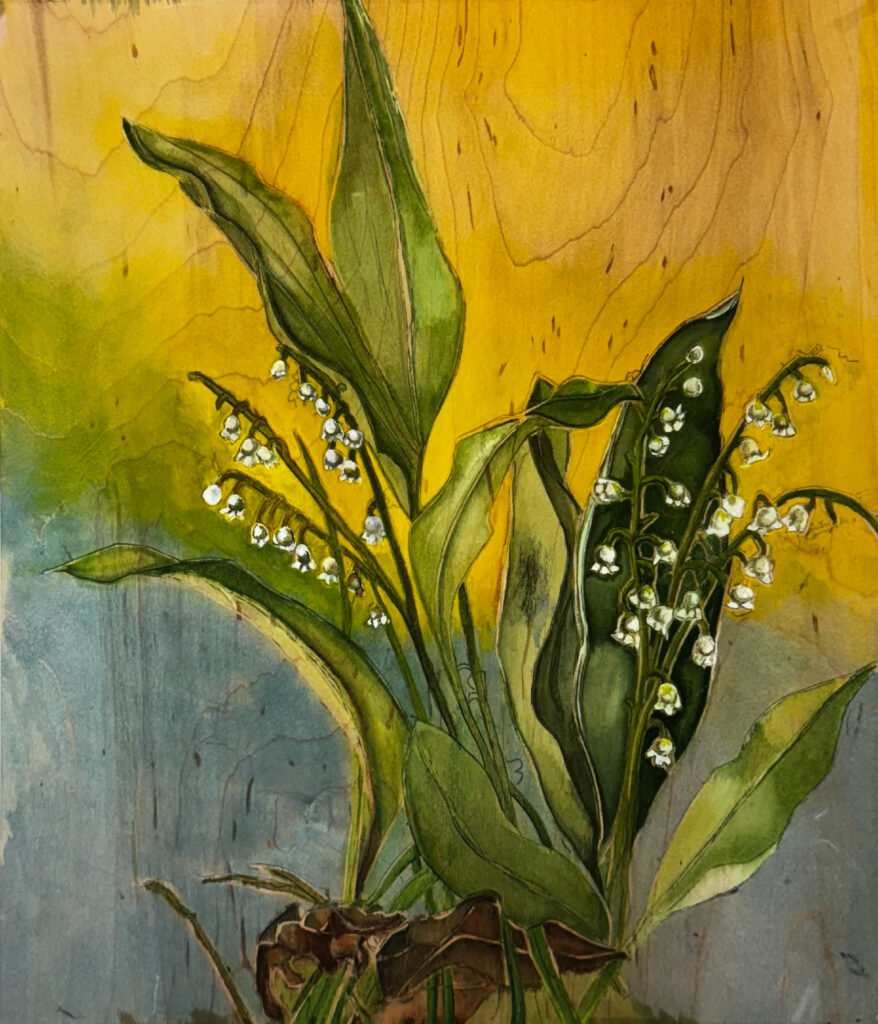 Patricia Hunsinger&nbsp;• <em>Many Sweet and Fragrant Grow 1</em>&nbsp;• Watercolor on maple wood with wax varnish&nbsp;• 11″×&nbsp;14″&nbsp;• $350.00<a class="purchase" href="https://state-of-the-art-gallery.square.site/product/patricia-hunsinger-many-sweet-and-fragrant-grow-1/XMPFX7ICUEL274SIWMREHJFD" target="_blank">Buy</a>